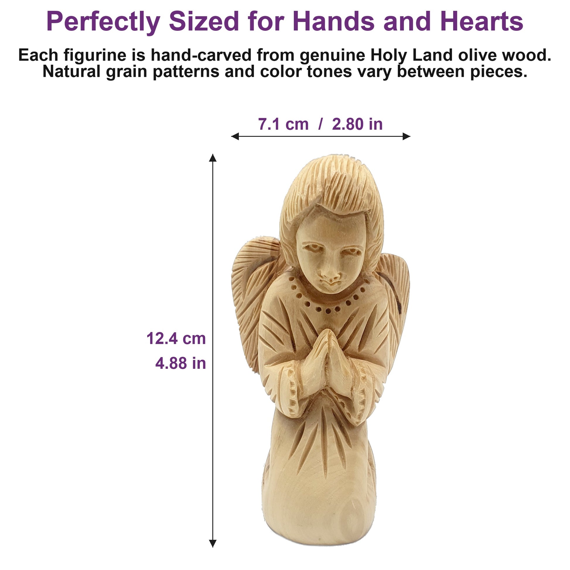Bethlehem olive wood praying angel figurine standing 4.9 inches tall, shown beside everyday objects for a clear size reference.