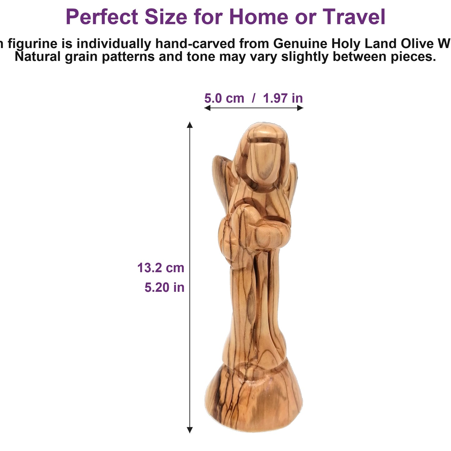 Olive wood angel figurine from Bethlehem standing 5.2 inches tall, showing its elegant size perfect for shelves or desks.