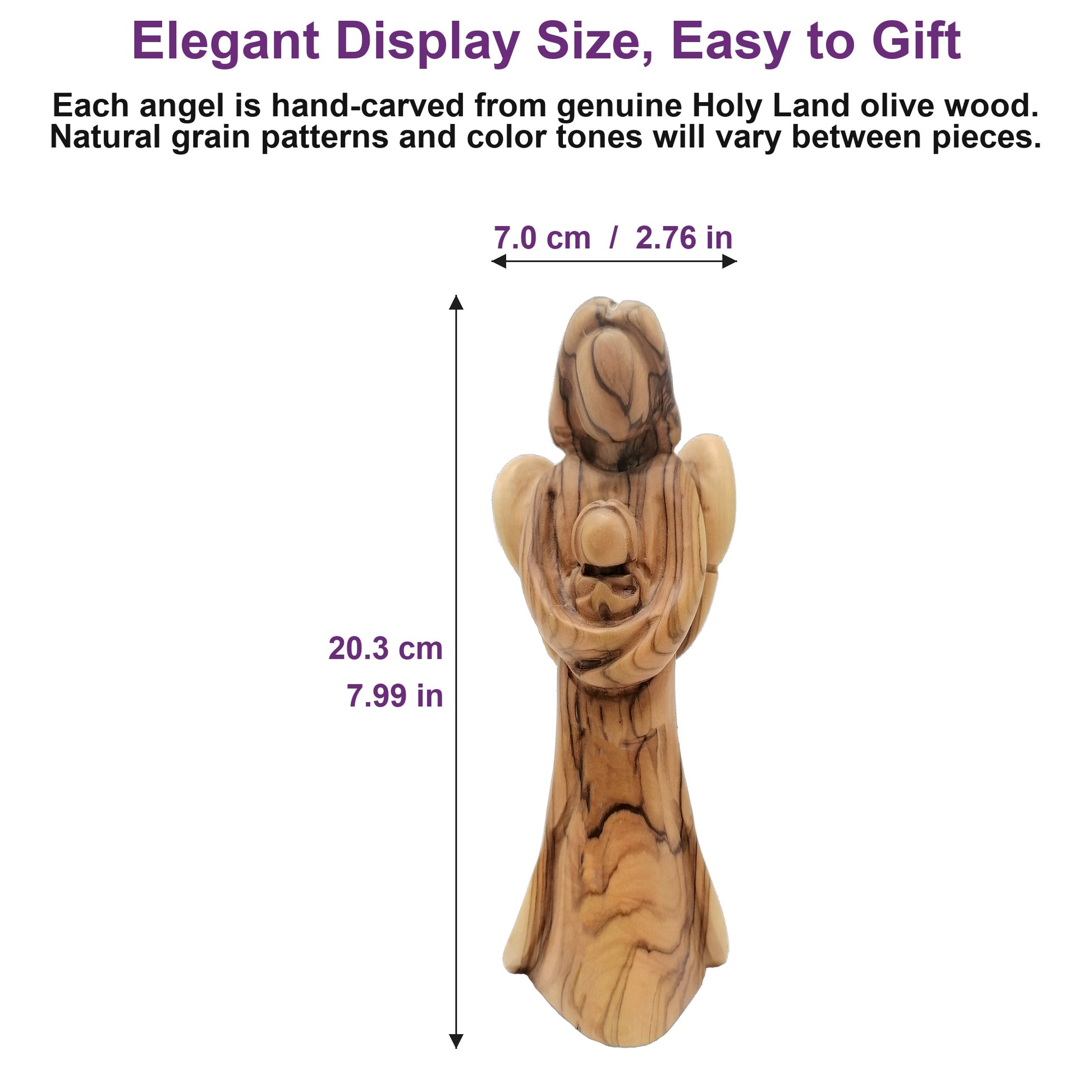 Olive wood angel figurine standing just over 8 inches tall, handcrafted in Bethlehem for a true sense of scale.