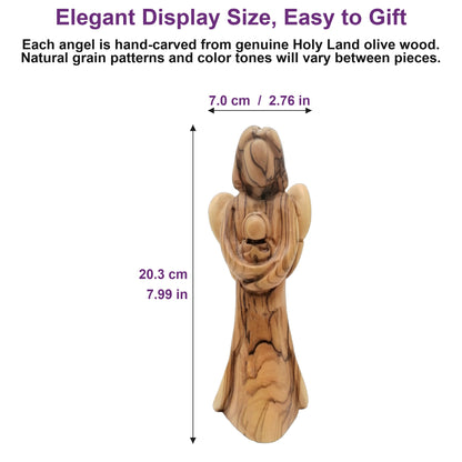 Olive wood angel figurine standing just over 8 inches tall, handcrafted in Bethlehem for a true sense of scale.