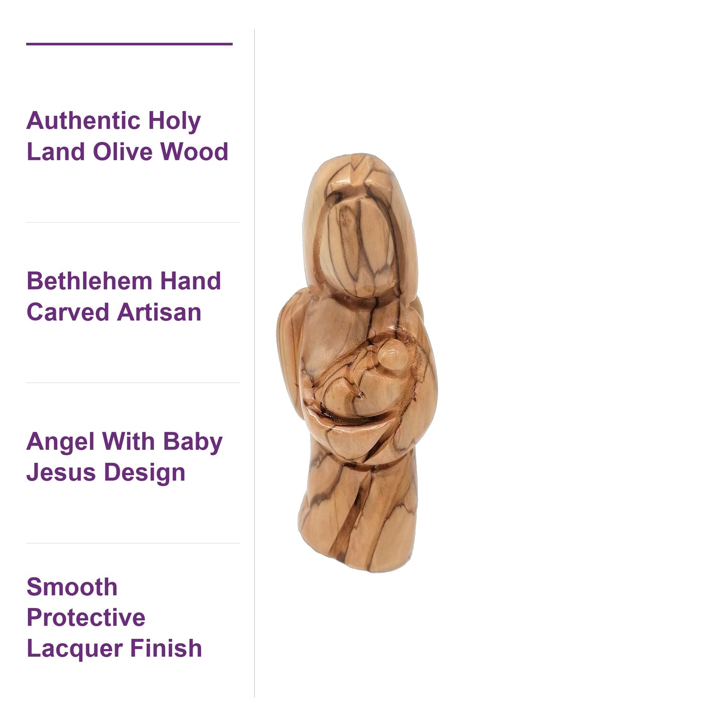 Close-up of hand-carved details on a genuine Holy Land olive wood angel figurine crafted in Bethlehem, Palestine.