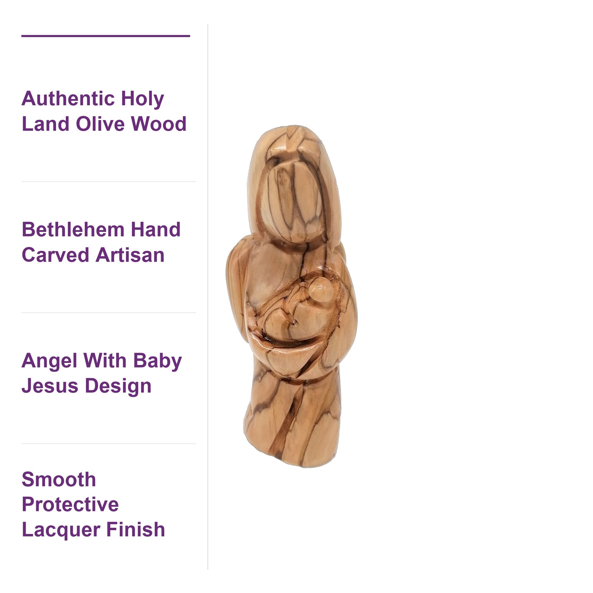 Close-up of hand-carved details on a genuine Holy Land olive wood angel figurine crafted in Bethlehem, Palestine.
