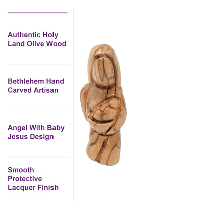 Close-up of hand-carved details on a genuine Holy Land olive wood angel figurine crafted in Bethlehem, Palestine.