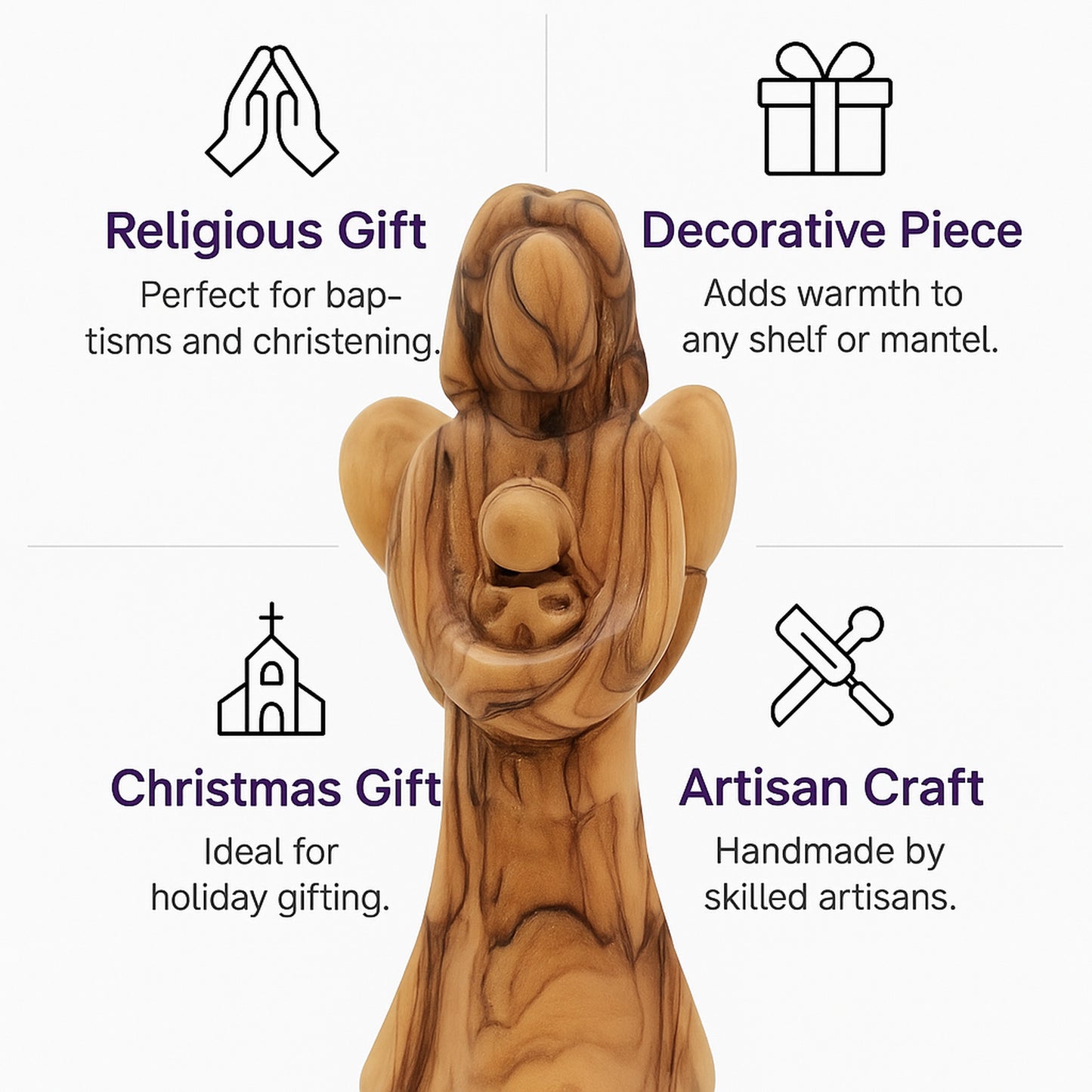 Bethlehem olive wood angel figurine displayed as a meaningful home decor piece or heartfelt religious gift.