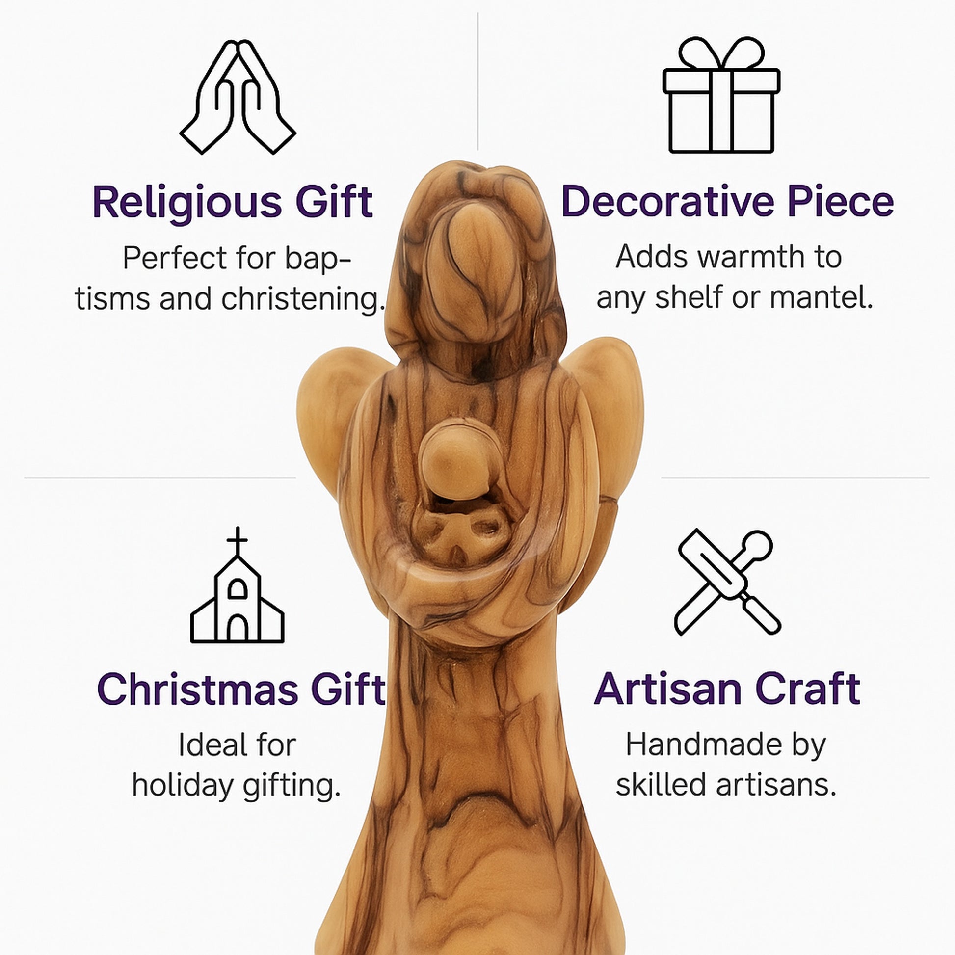Bethlehem olive wood angel figurine displayed as a meaningful home decor piece or heartfelt religious gift.