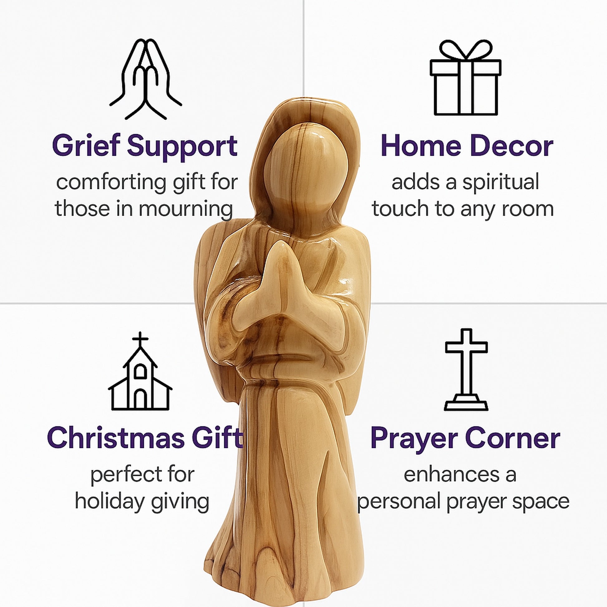 Holy Land olive wood angel displayed as a meaningful gift or devotional home decor piece for faith-inspired spaces.
