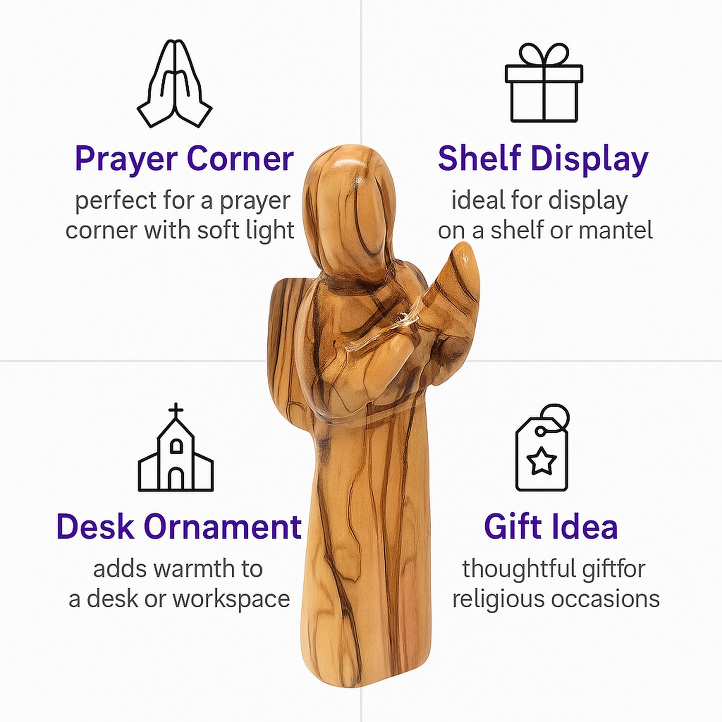 Bethlehem olive wood angel displayed as a spiritual home decor piece, making a meaningful gift for faith-based occasions.