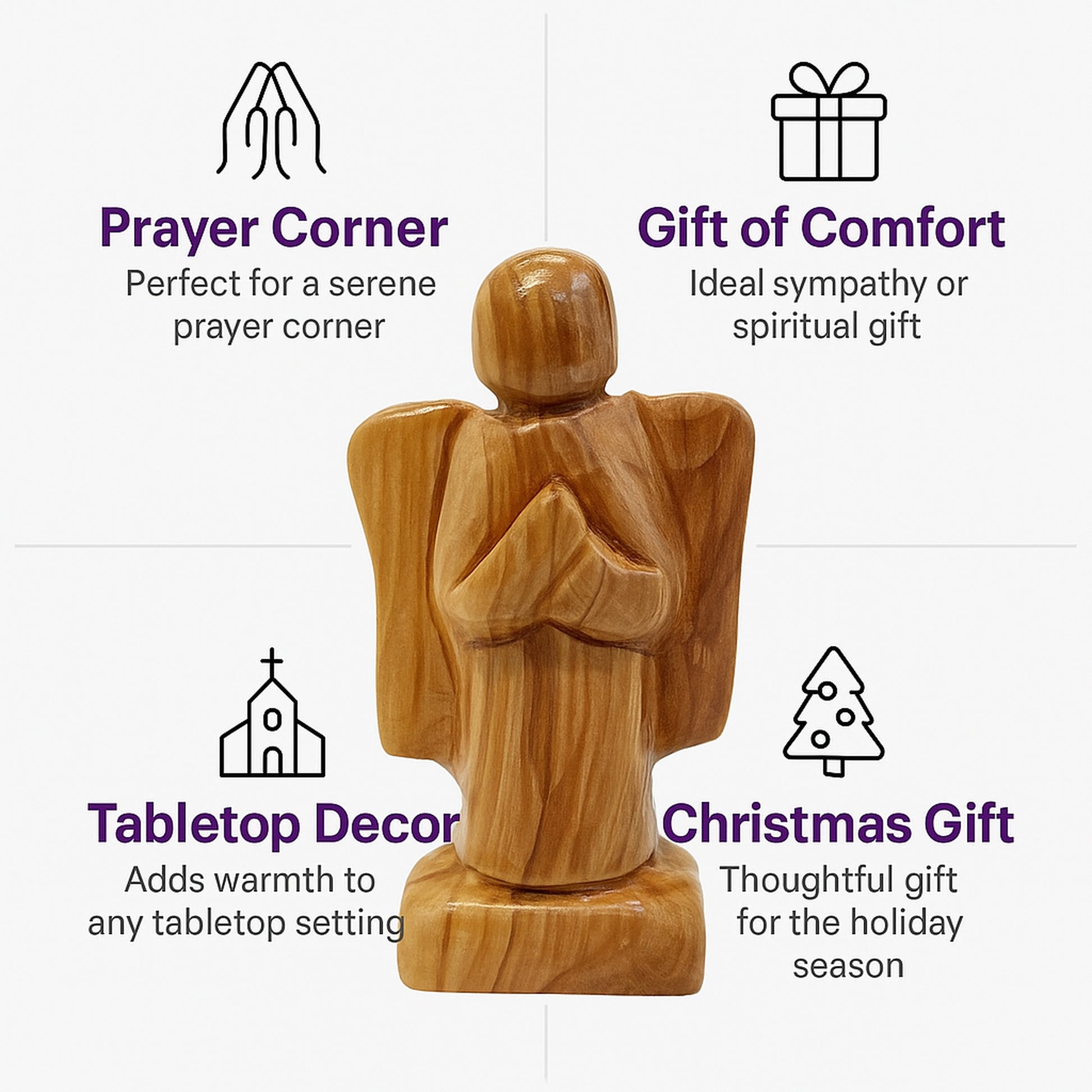 Bethlehem olive wood faceless angel displayed as a meaningful home decor piece or heartfelt religious gift for any occasion.