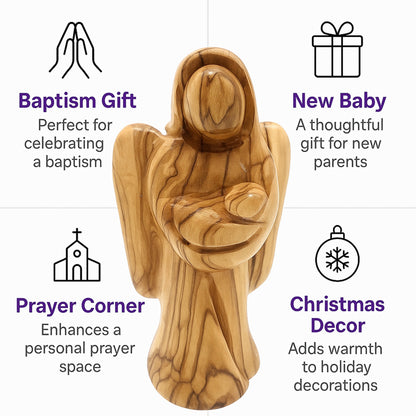 Bethlehem olive wood angel displayed as a meaningful home decor piece or faith-inspired gift for loved ones.