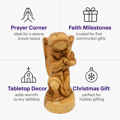 Olive wood angel from Bethlehem styled as a meaningful home decor piece or heartfelt religious gift for any occasion.