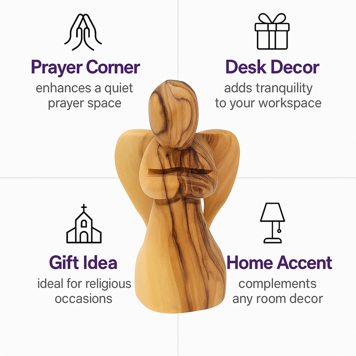 Bethlehem olive wood angel figure displayed as a meaningful spiritual gift and home decor piece for faith-based occasions.