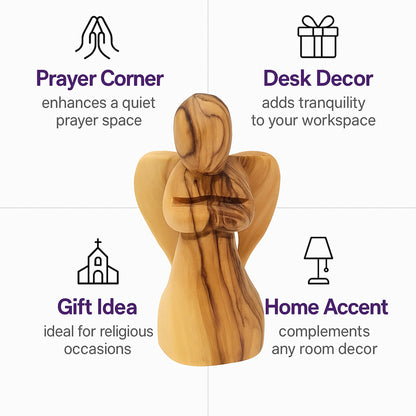 Bethlehem olive wood angel figure displayed as a meaningful spiritual gift and home decor piece for faith-based occasions.