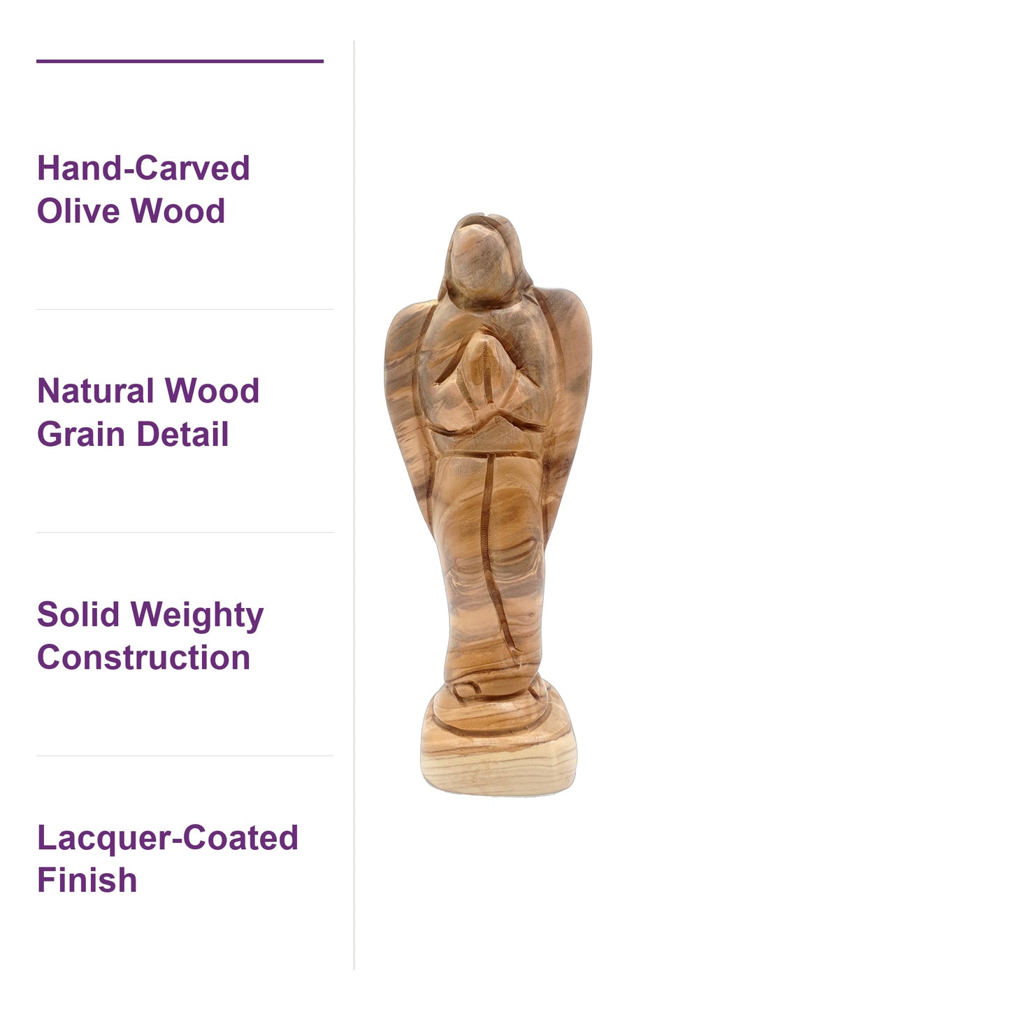 Close-up of the hand-carved olive wood angel figurine showing rich natural grain and solid construction from Bethlehem artisans.