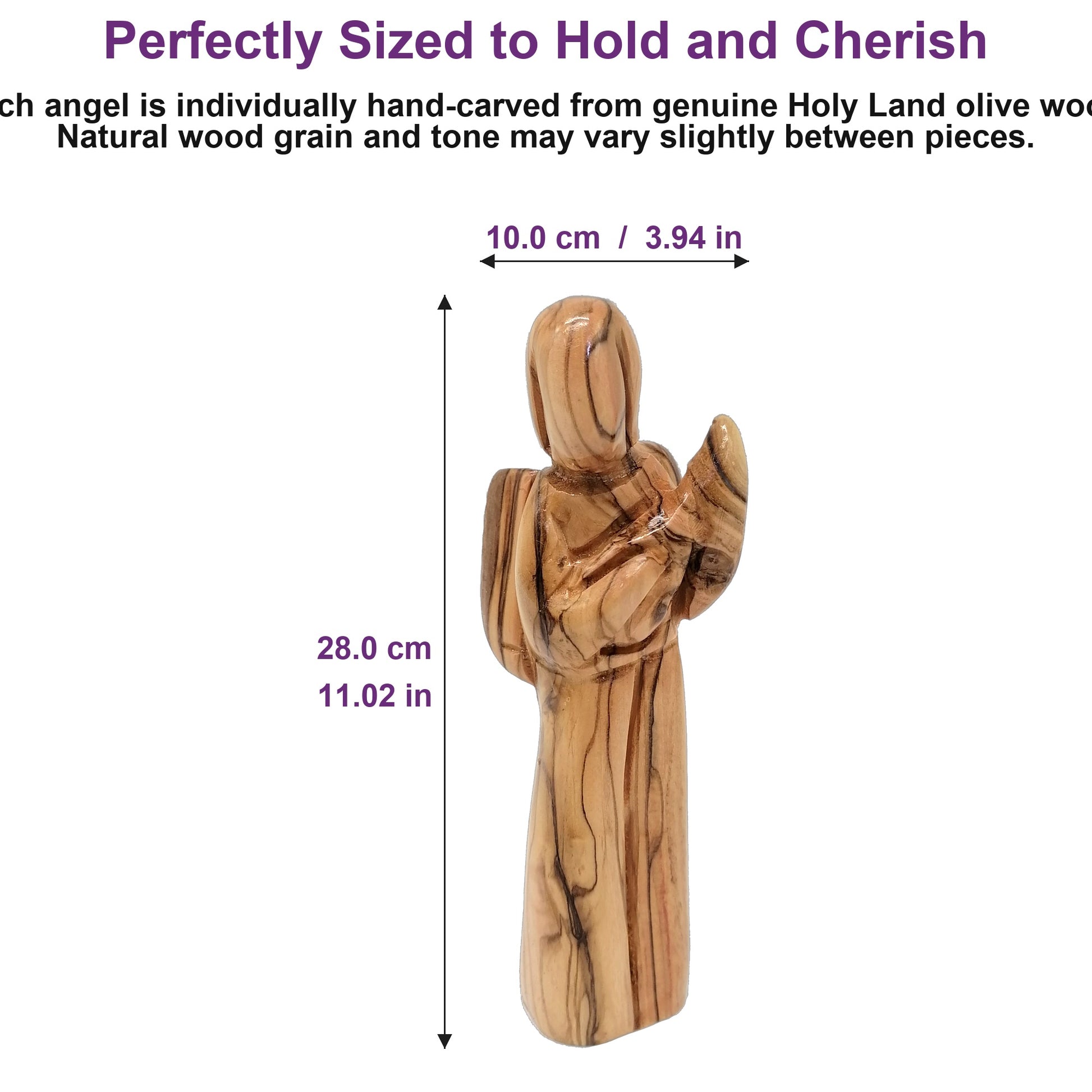Compact olive wood angel from Bethlehem resting in a human palm, showing its perfectly portable, gift-ready size.