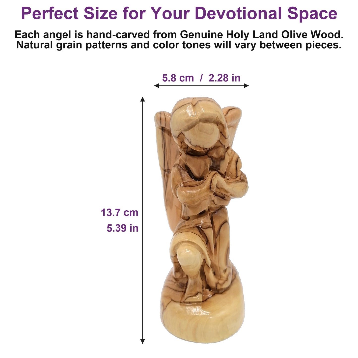 Holy Land olive wood angel shown next to a hand for scale, highlighting its 5.4-inch hand-carved craftsmanship.