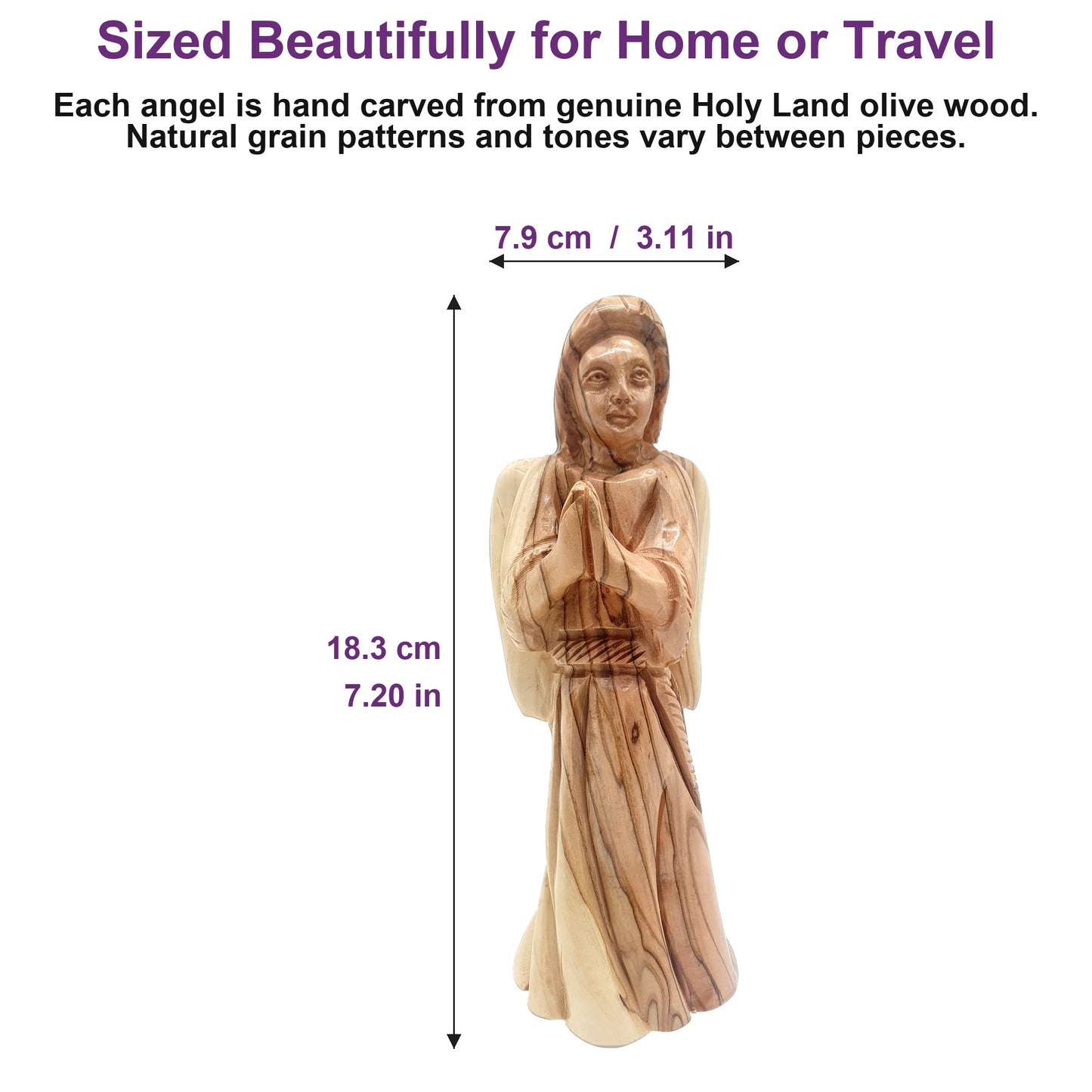 7.2-inch handcrafted olive wood angel statue from Bethlehem shown beside everyday objects to highlight its elegant size.