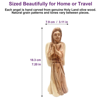 7.2-inch handcrafted olive wood angel statue from Bethlehem shown beside everyday objects to highlight its elegant size.