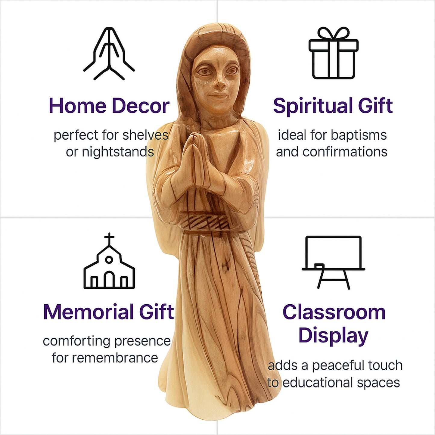 Bethlehem olive wood angel statue displayed as a meaningful home decor piece or heartfelt religious gift for loved ones.