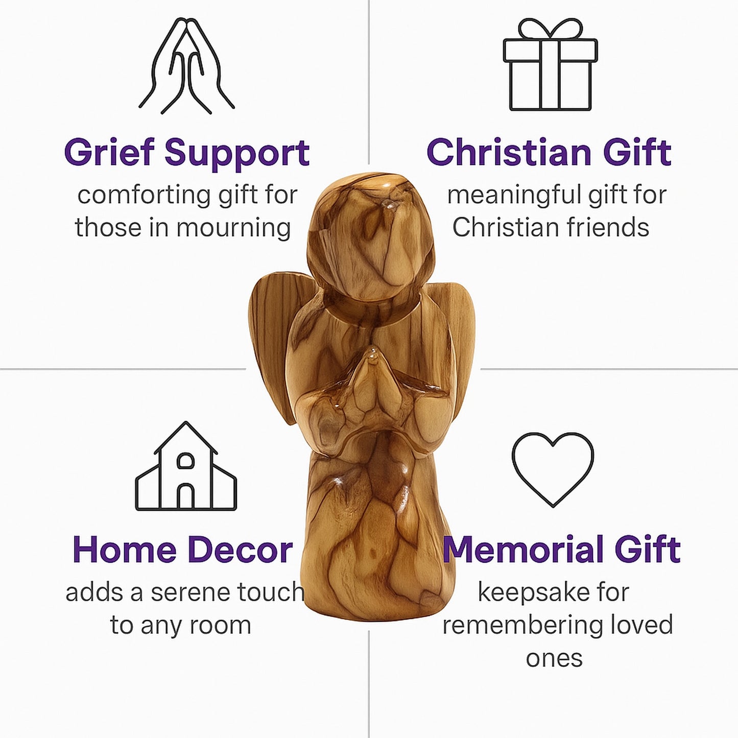 Faceless Holy Land olive wood angel styled as a meaningful gift, home altar piece, or devotional décor for any faith.