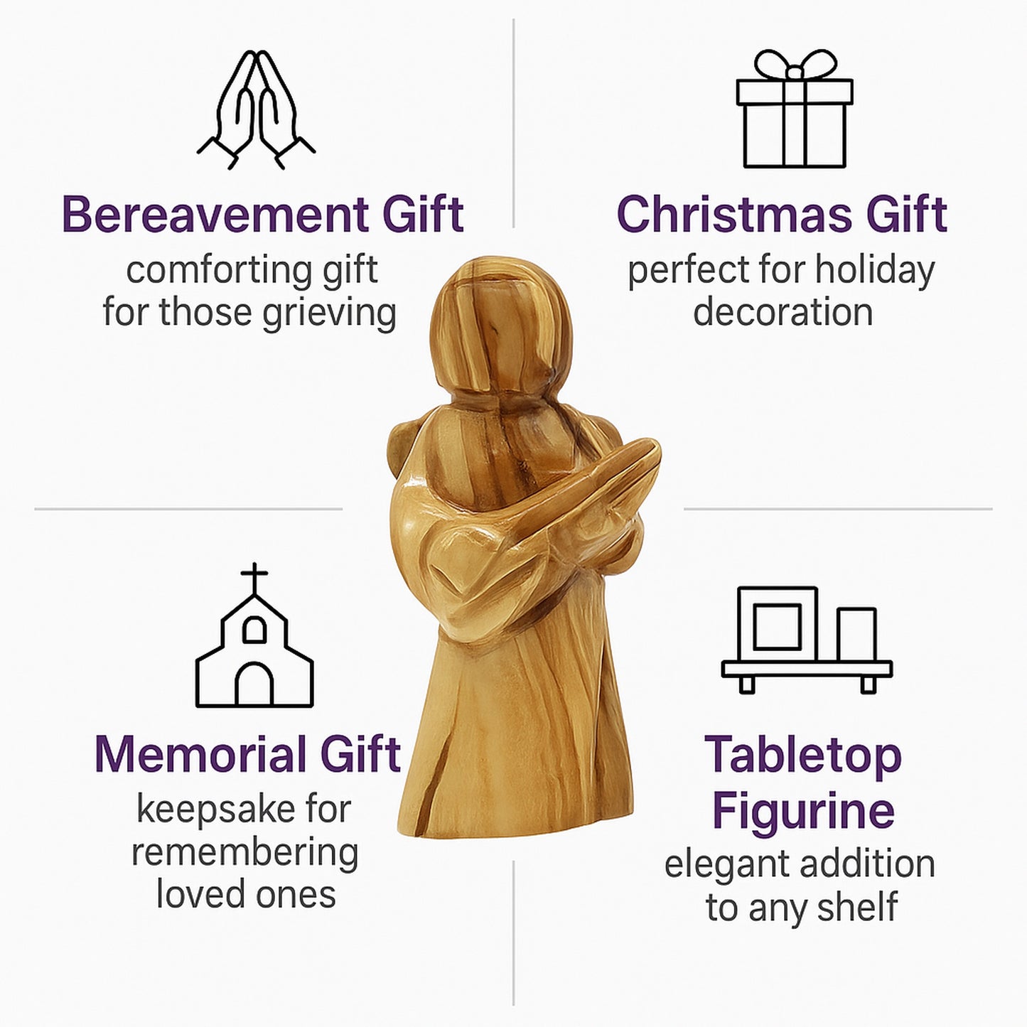 Faceless Bethlehem olive wood angel figurine displayed as spiritual home decor, a meaningful gift from the Holy Land.