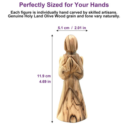 Holy Land olive wood figure shown next to a hand for scale, highlighting its 4.7-inch hand-carved form.