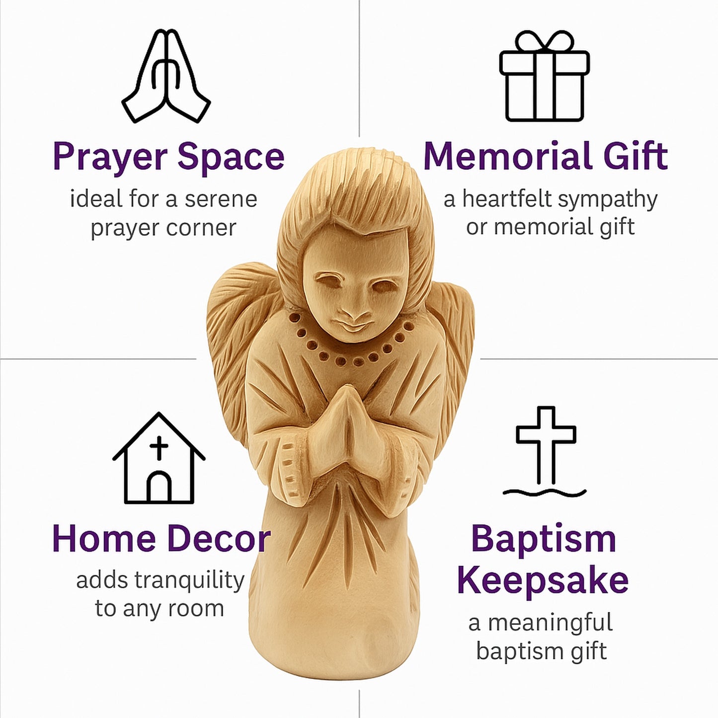 Bethlehem olive wood praying angel figurine displayed as a meaningful gift or home decor piece, ideal for religious and spiritual settings.