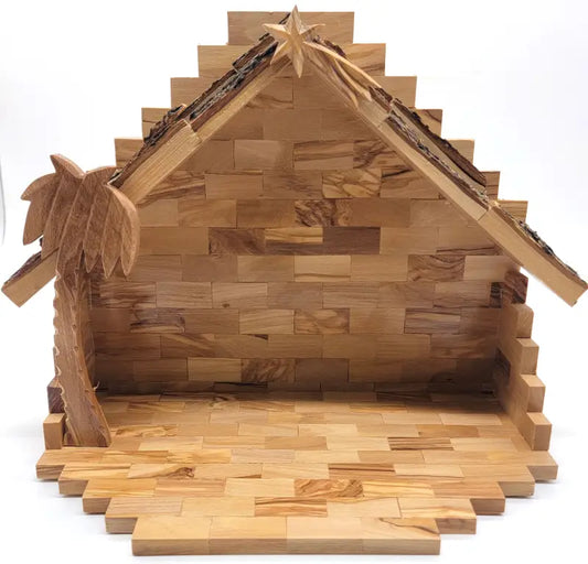 Large bark roof olive wood nativity stable – handcrafted bethlehem christmas manger