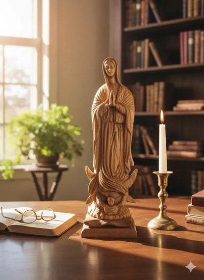 Large hand-carved olive wood virgin mary statue from bethlehem – 25.2’’ handmade holy land religious sculpture - figures