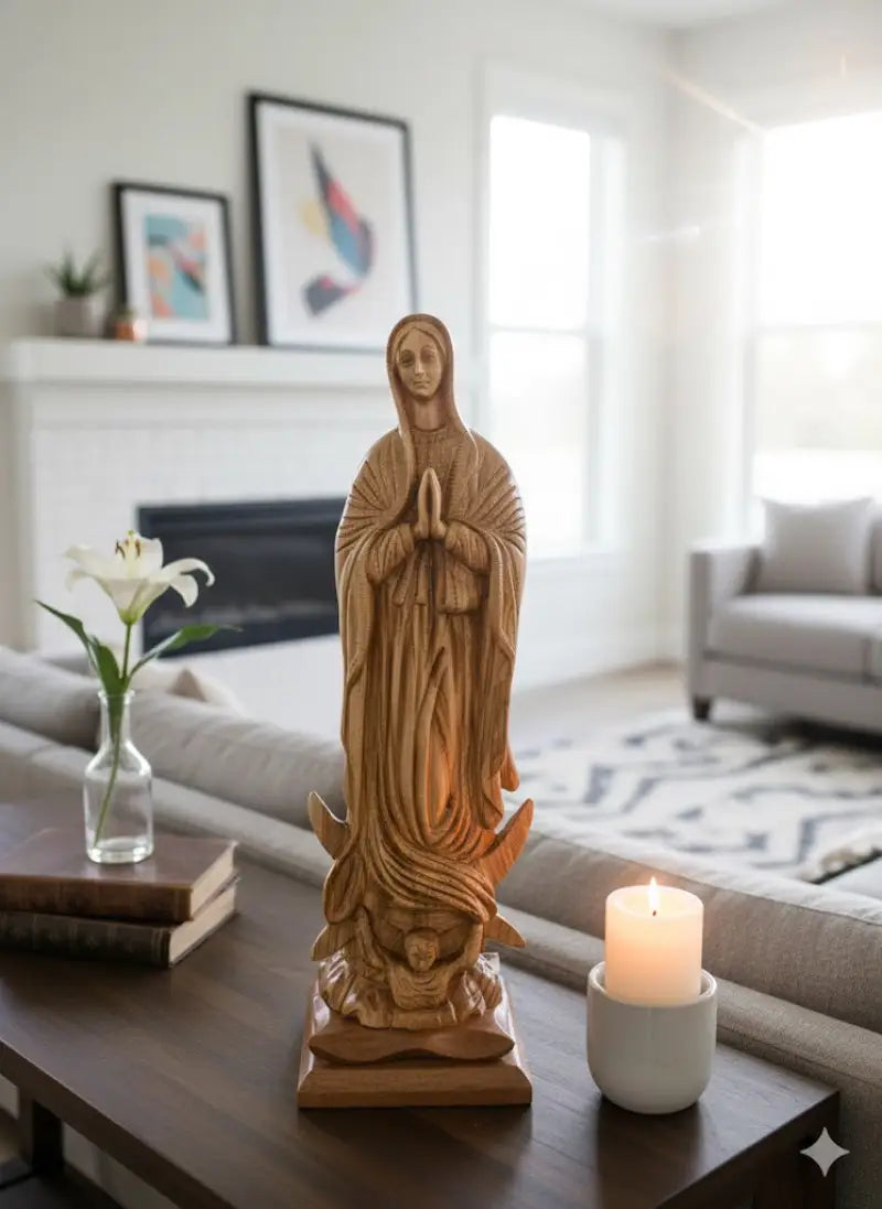 Large hand-carved olive wood virgin mary statue from bethlehem – 25.2’’ handmade holy land religious sculpture - figures