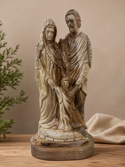 Large olive wood Holy Family sculpture shown from front side and rear angles