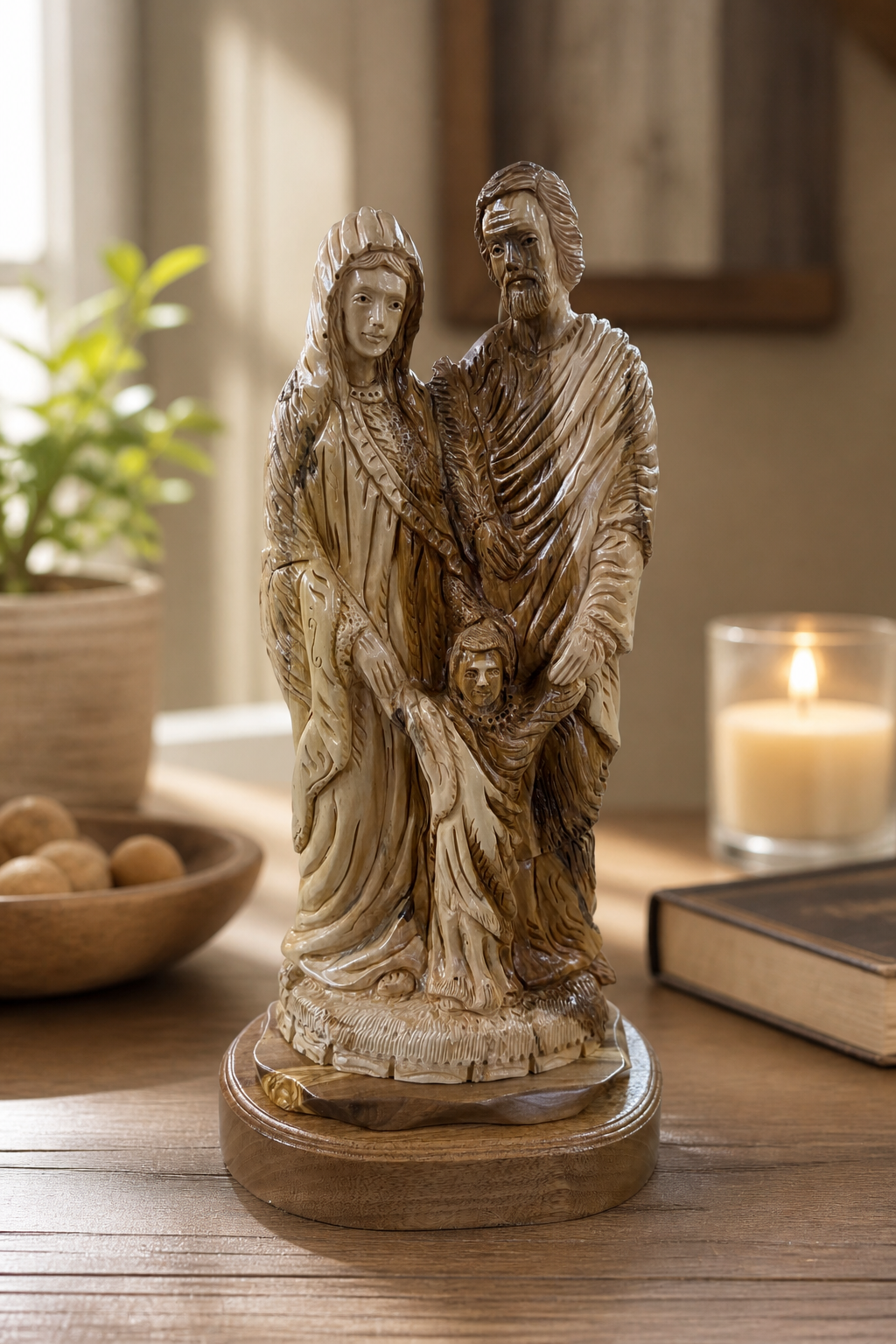 Holy Family statue presented in a devotional home display with candlelight