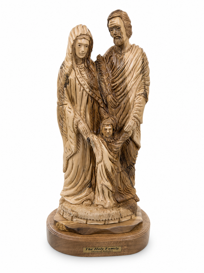 Large olive wood Holy Family statue from Bethlehem on a white background