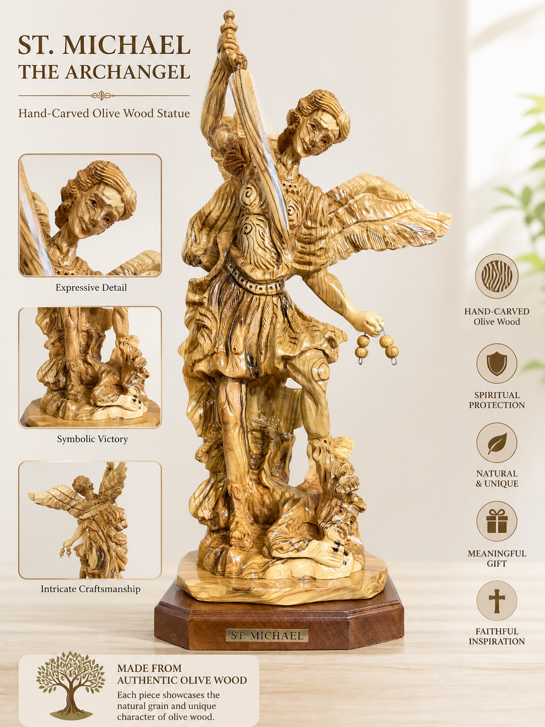 St. Michael Archangel olive wood statue feature presentation with detailed wings and victory scene