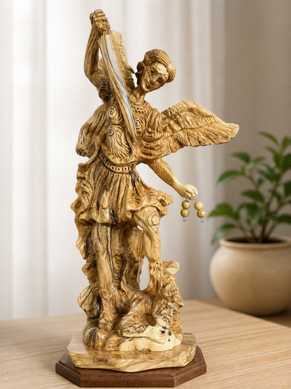 Large Bethlehem olive wood St. Michael statue displayed in a calm home setting