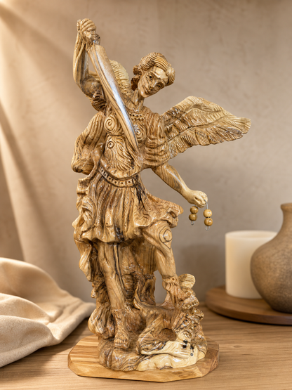 Large St. Michael olive wood statue styled for a Christian home or prayer space