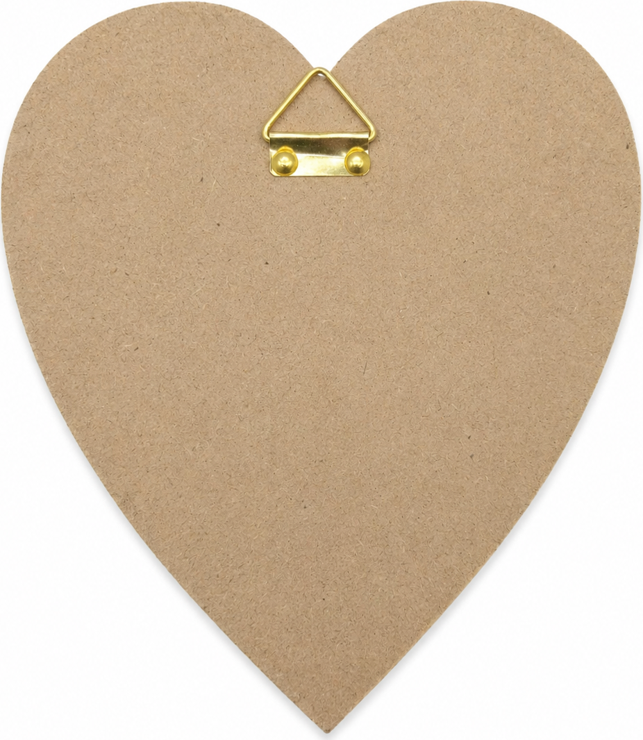 Olive wood Madonna and Child heart plaque rear view with pre installed brass triangle hanger, Bethlehem