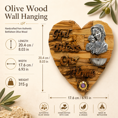 Olive wood Madonna and Child heart plaque lifestyle scene with olive branch and candle, Bethlehem