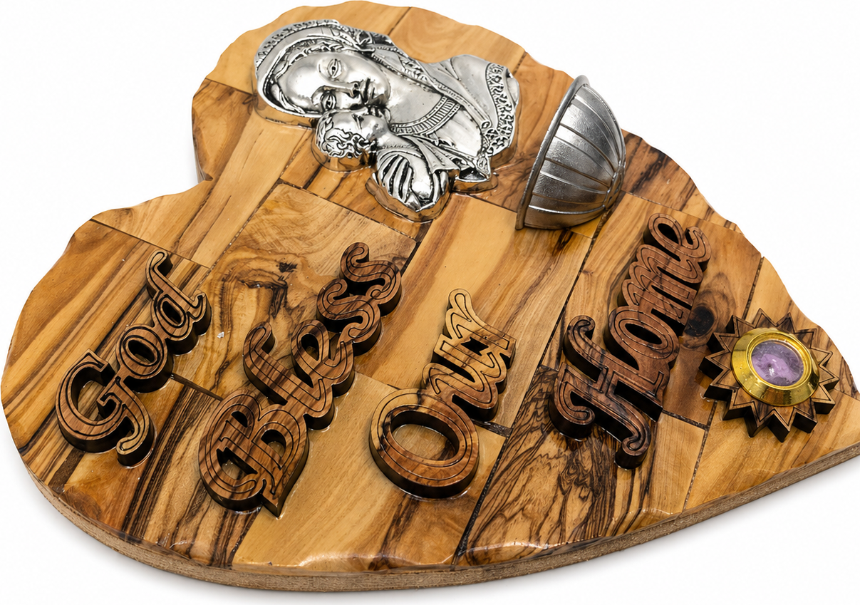 Olive wood grain detail of Madonna and Child heart plaque showing organic figure variation, Bethlehem