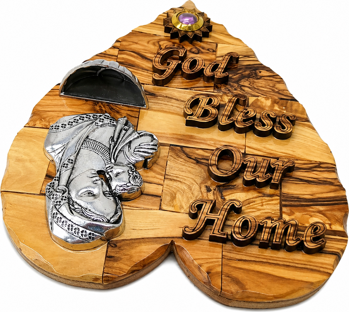 Olive wood Madonna and Child heart plaque shown held in hand for size reference, Bethlehem