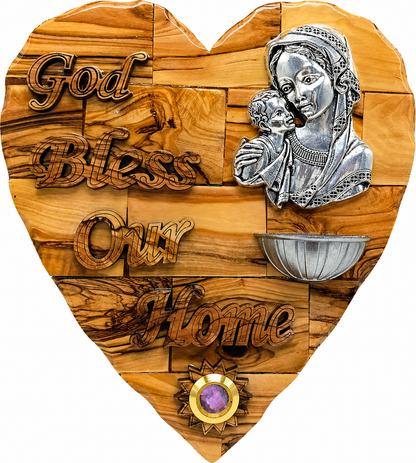Olive wood Madonna and Child heart plaque with holy water font and frankincense capsule, Bethlehem