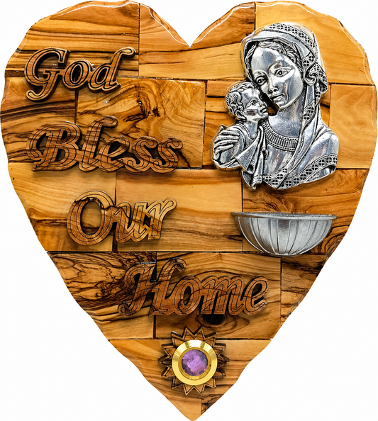 Olive wood Madonna and Child heart plaque with holy water font and frankincense capsule, Bethlehem