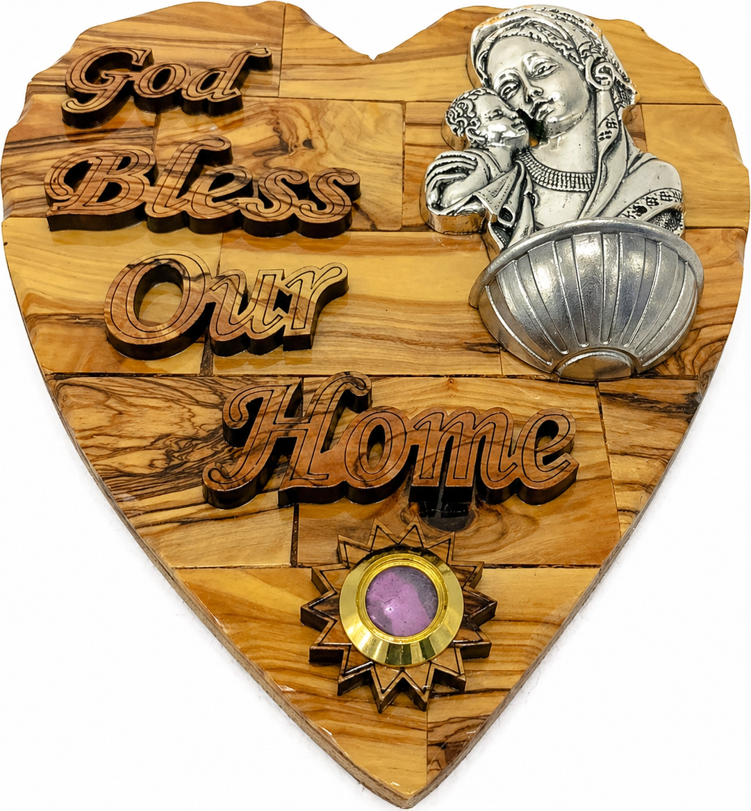 Pewter Madonna and Child Eleusa medallion closeup mounted on olive wood heart plaque, Bethlehem