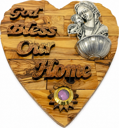 Pewter Madonna and Child Eleusa medallion closeup mounted on olive wood heart plaque, Bethlehem