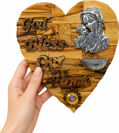 Olive wood Madonna and Child heart plaque side angle showing holy water font depth and pewter medallion, Bethlehem