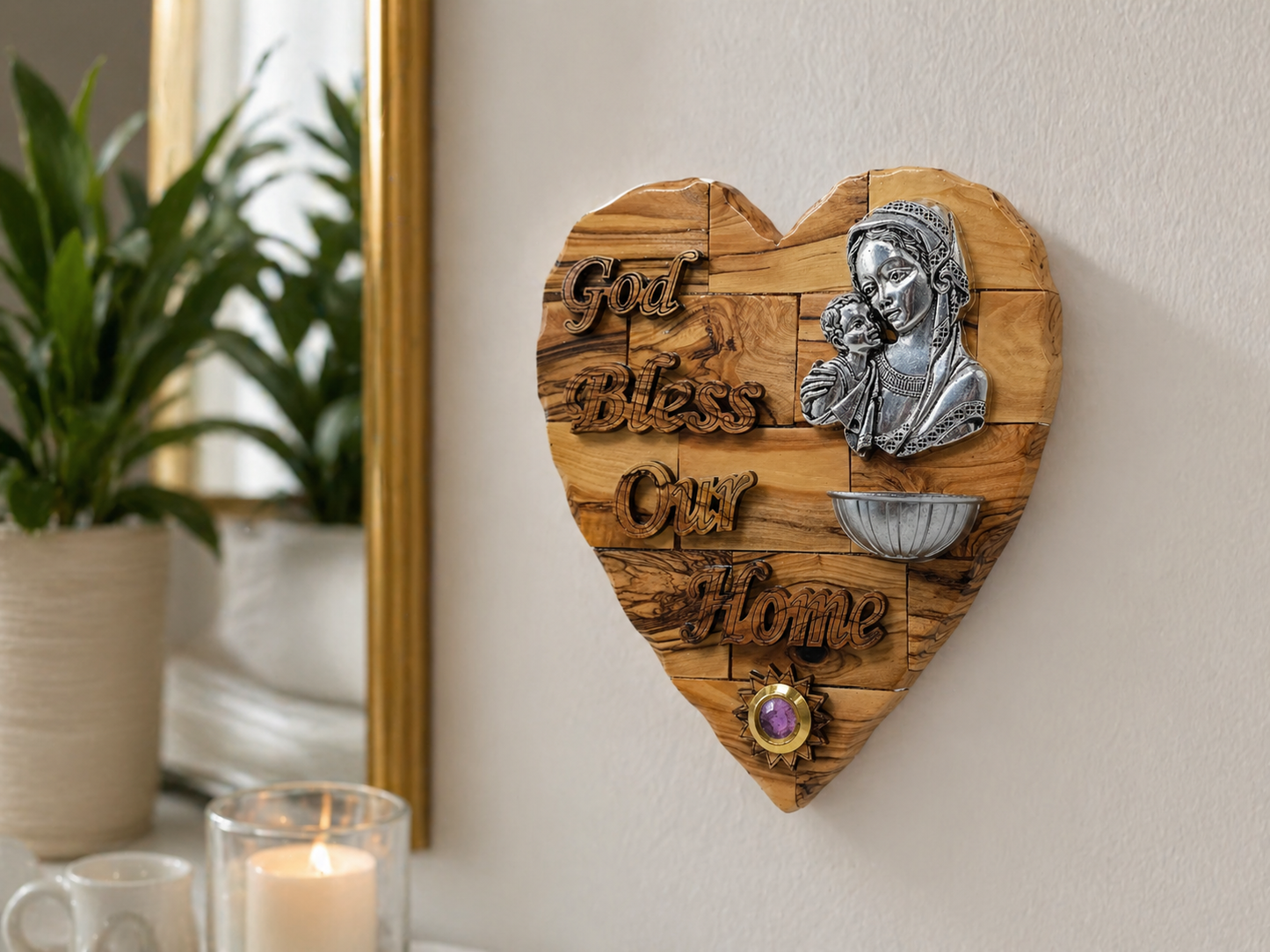 Olive wood Madonna and Child heart plaque size diagram 20 x 17.7 cm 315 grams, Bethlehem