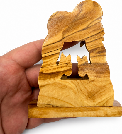 Mini Nativity Set back view showing the carved reverse side, olive wood from Bethlehem