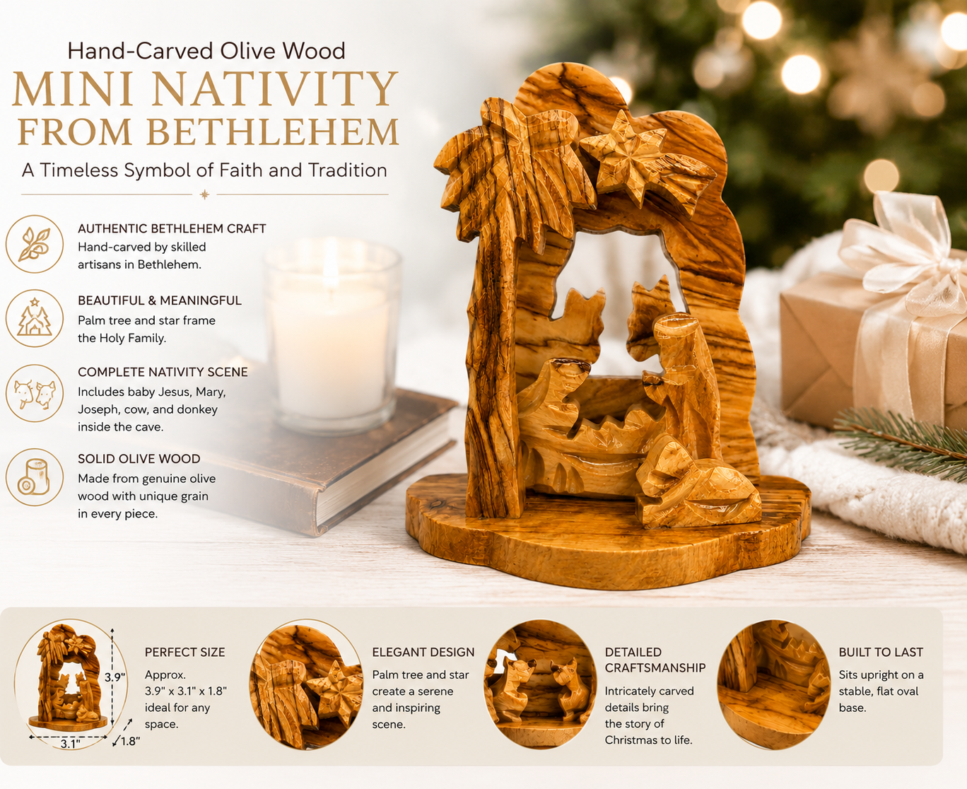 Mini Nativity Set features, size, and weight infographic, hand carved olive wood nativity from Bethlehem