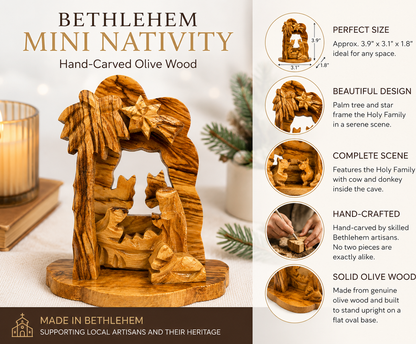 Mini Nativity Set features, size, and weight infographic, hand carved olive wood nativity from Bethlehem
