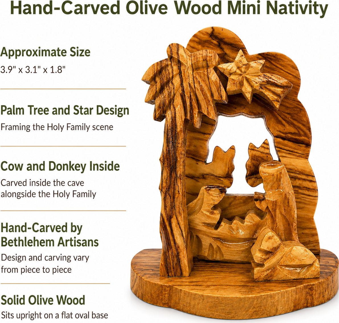 Mini Nativity Set features, size, and weight infographic, hand carved olive wood nativity from Bethlehem