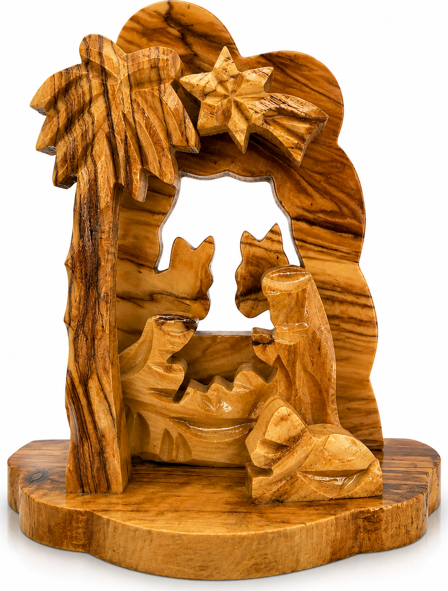 Authentic Mini Nativity Set, Hand Carved Palm Tree Olive Wood Scene from Bethlehem, hand carved olive wood from Bethlehem